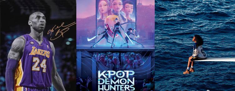 A collage featuring Kobe Bryant in a Lakers jersey, an animated poster for K-Pop Demon Hunters, a crowd labelled “K-Pop Demon Hunters,” and SZA sitting on a diving board over water.
