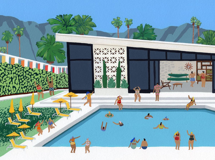 Illustration of people enjoying a sunny day at a mid-century modern poolside. Some are swimming, some are lounging on yellow deck chairs, and others are socializing. The scene features a modern house, palm trees, and mountains in the background.