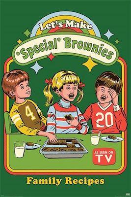 A retro-style illustration shows three children sitting at a table. Above them, text reads, "Let's Make Special Brownies." Two children are eating brownies, and one holds their stomach, looking uncomfortable. The scene is framed with a green background and stars. Part of the Steven Rhodes - Special Brownies by ALT 042 Collection, it's printed on premium 150gsm gloss paper.