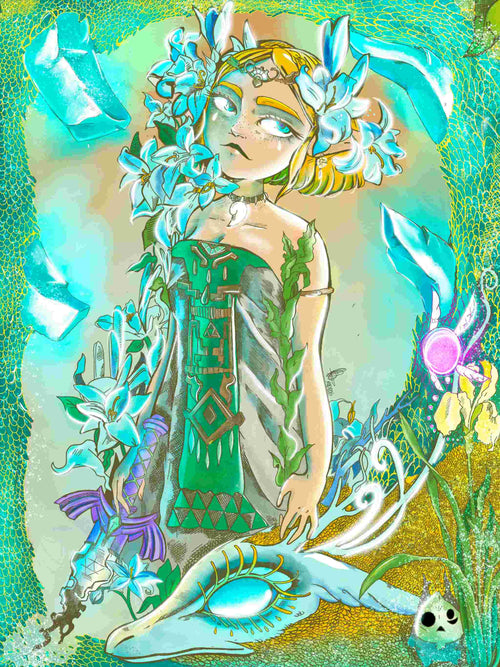 The product "Zelda by MadDog Ink" from fap features an illustration of a character in a green dress adorned with flowers, surrounded by swirling blue and green elements. As part of the Little Art Series, this serene character has flowers woven into their hair and looks upwards. In the foreground, there is a stylized animal or mask, making it ideal for Mini Prints.