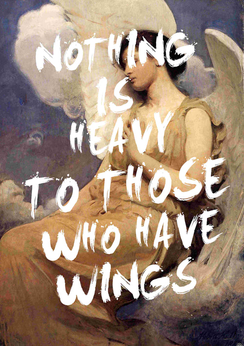 A serene Art Print titled "Have Wings by The Quote House 50x70cm" from the MEZ 223 brand features an angelic figure in a flowing beige gown with large white wings, seated against a cloudy background. Printed on premium quality 200gsm Matte Art Paper, overlaid text reads: "NOTHING IS HEAVY TO THOSE WHO HAVE WINGS" in bold, white brushstroke letters.