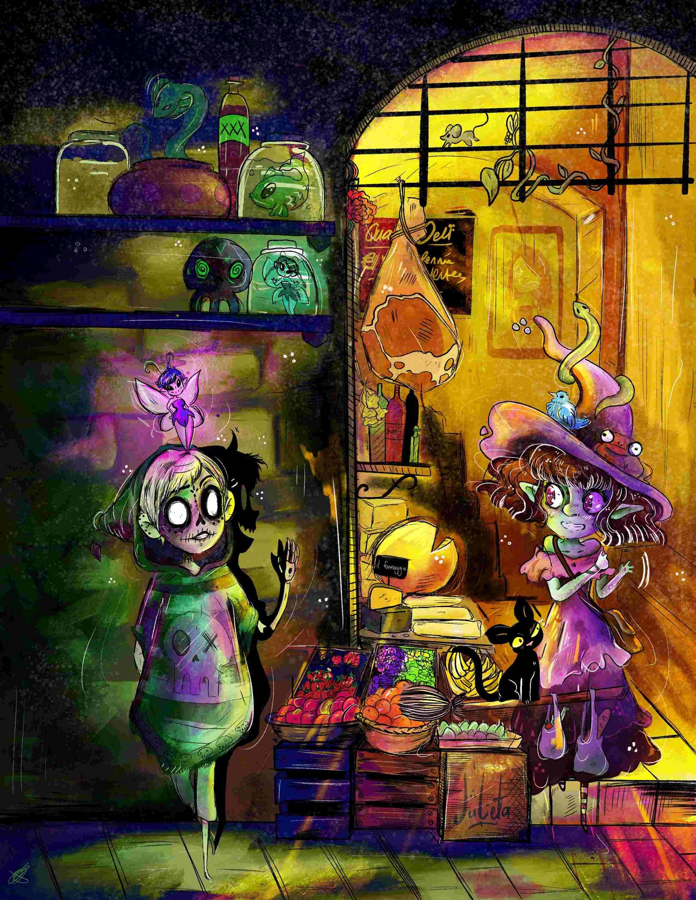The Hiding Place by MadDog Ink, a delightful art print from the brand fap, captures the whimsical charm of two quirky characters in a magical deli shop. One character is dressed in a green dress with a small creature perched on her head, while the other sports a witch hat. The shelves overflow with jars and mystical items, all beautifully rendered on satin paper.