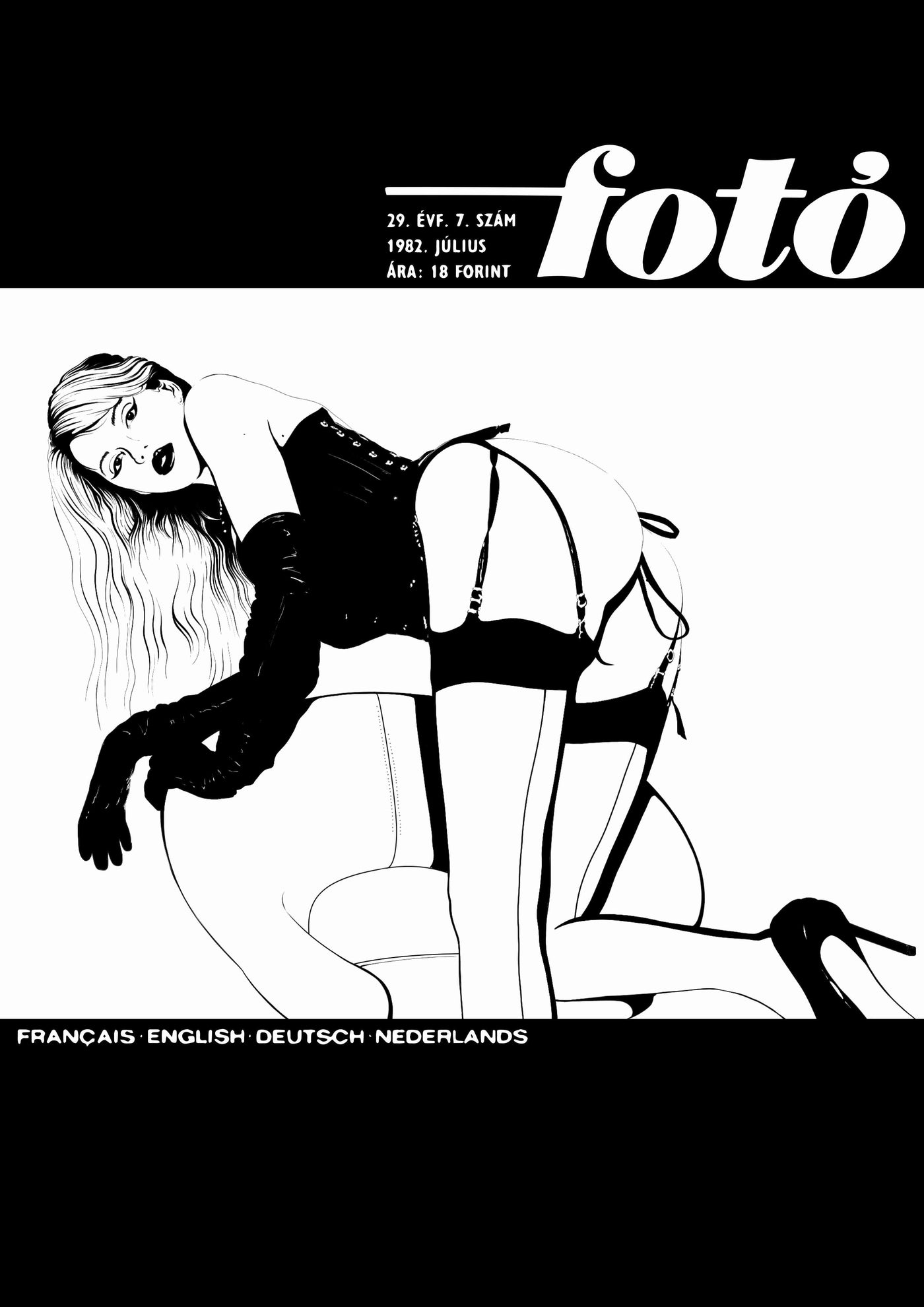 Illustrated cover for "Foto by Westmotel" featuring a woman in black lingerie, stockings, and gloves posed on a white background. Branded "fap," the cover includes multilingual text at the bottom.