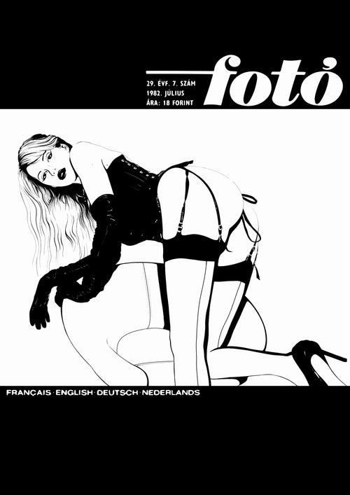 Illustrated cover for "Foto by Westmotel" featuring a woman in black lingerie, stockings, and gloves posed on a white background. Branded "fap," the cover includes multilingual text at the bottom.