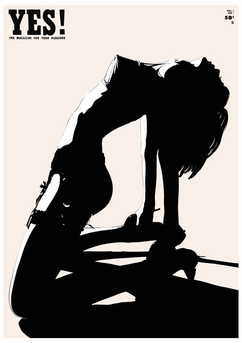 A silhouette of a person kneeling and arching their back with their head tilted back against a light background features the bold text "YES!" by Westmotel, alongside the smaller text "The magazine for your pleasure" by fap. Price: 50¢.