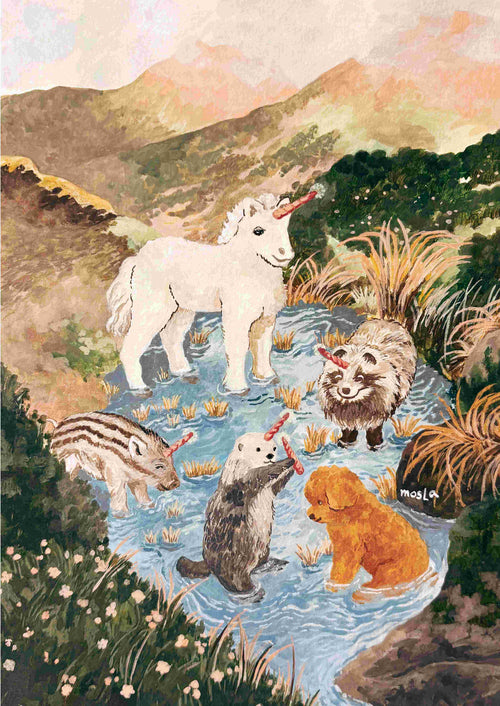 In "Welcome to the Unicorn World" by Mosla from Blue Dog Posters, a white unicorn and animal friends with tiny horns stand in a stream, framed by mountains and green hills. This enchanting scene is printed on high quality satin paper.