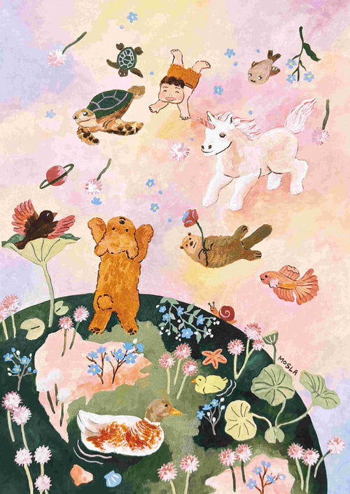 Welcome In! by Mosla from Blue Dog Posters is a whimsical pastel art print on satin paper, featuring a dog, unicorn, turtle, birds, and duck floating with a child above a floral hill in a dreamy sky scene.