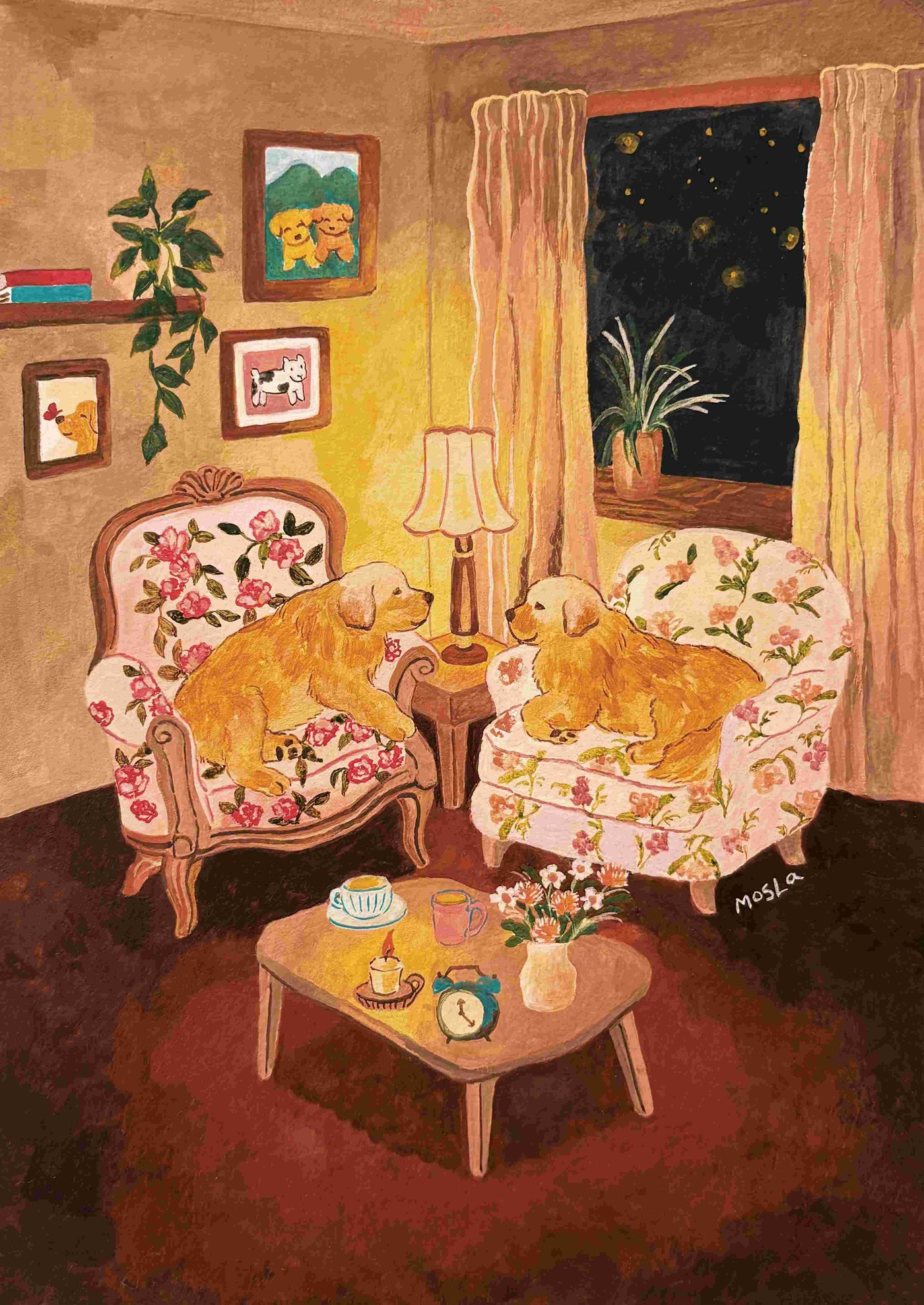 Two golden retrievers sit on floral armchairs in a cozy room at night in "Until the Heart Flows" by Mosla. This Blue Dog Posters art print is perfect for any space and is printed on high quality satin paper.