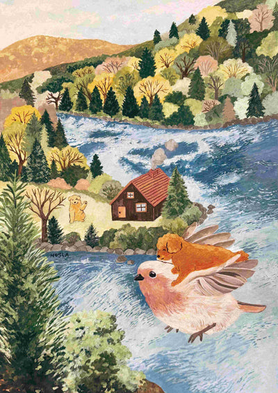 Fly to You by Mosla from Blue Dog Posters depicts a fluffy puppy riding a large pink bird above a river, with a brown cabin and hills. Available as an art print on premium satin paper—ideal for fans of playful, whimsical art.