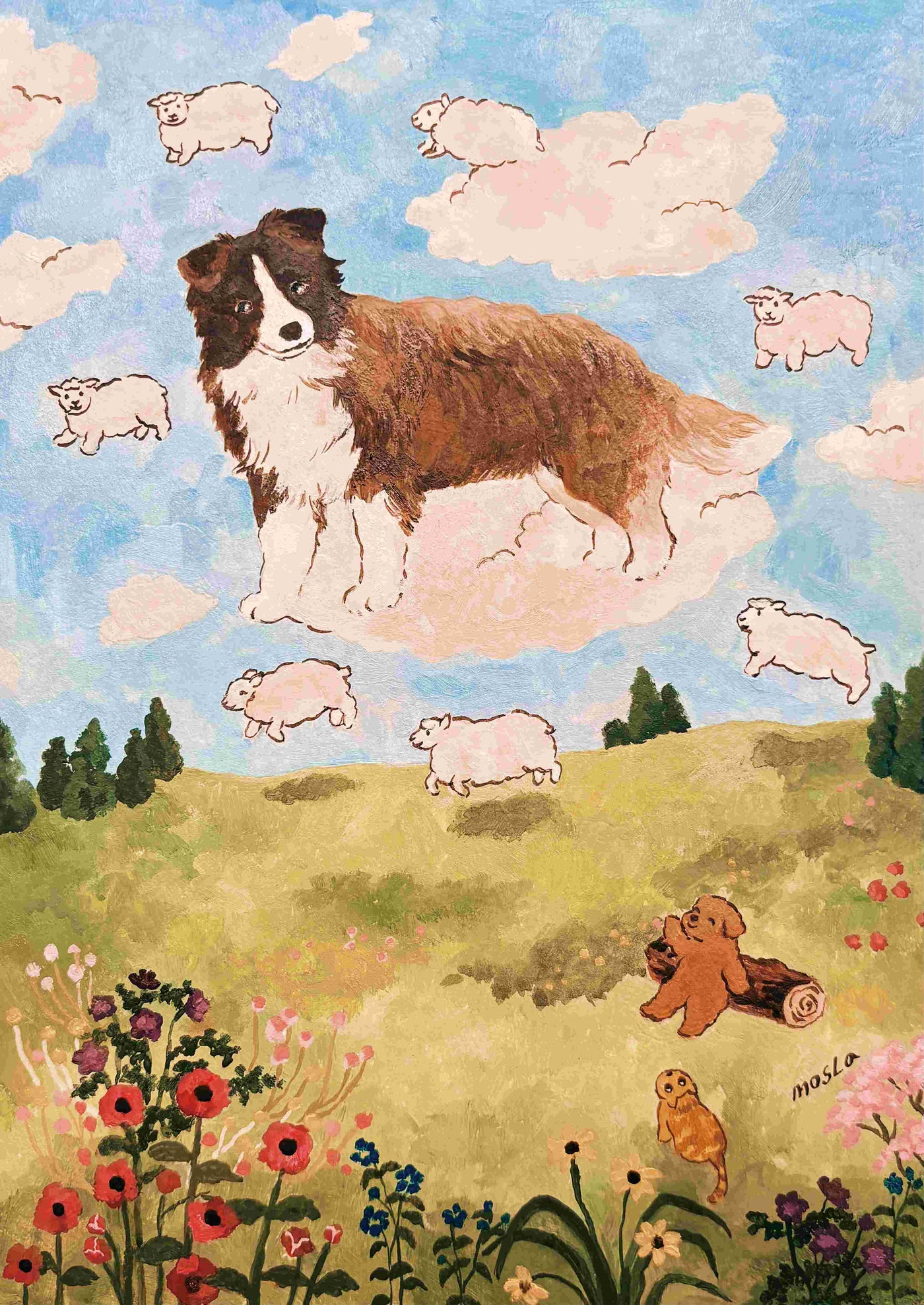 From Blue Dog Posters’ Featured Artist Collection: “Cloud Shepherd Dog by Mosla” art print shows a Border Collie on a cloud amid sheep-shaped clouds, wildflowers, a puppy, and chick. Printed on premium 250gsm satin paper.
