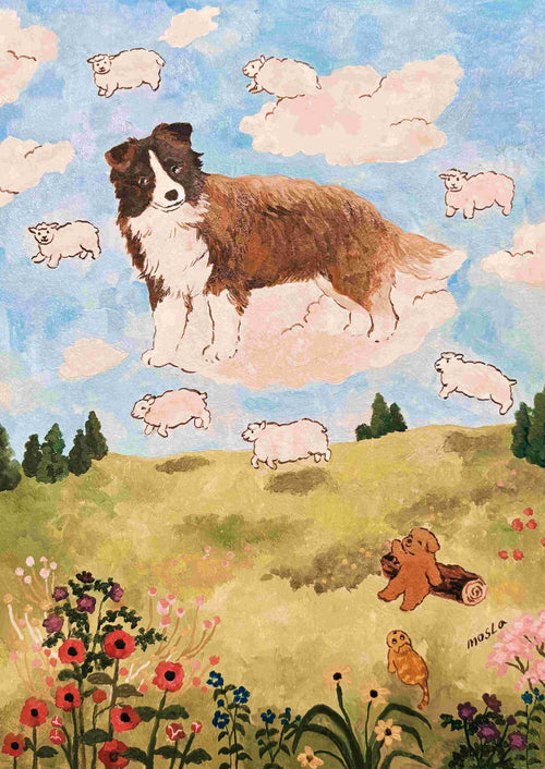 From Blue Dog Posters’ Featured Artist Collection: “Cloud Shepherd Dog by Mosla” art print shows a Border Collie on a cloud amid sheep-shaped clouds, wildflowers, a puppy, and chick. Printed on premium 250gsm satin paper.