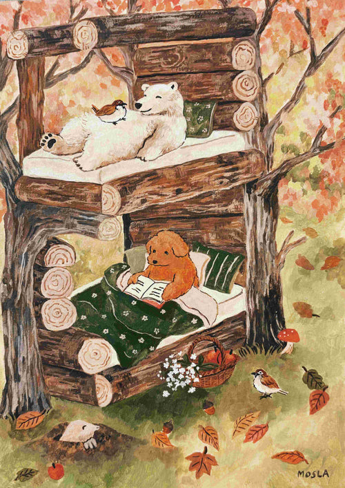 Bunk Bed by Mosla from Blue Dog Posters shows a polar bear and bird on the top bunk, with a dog reading below, nestled among autumn trees. This art print is produced on high quality satin paper.