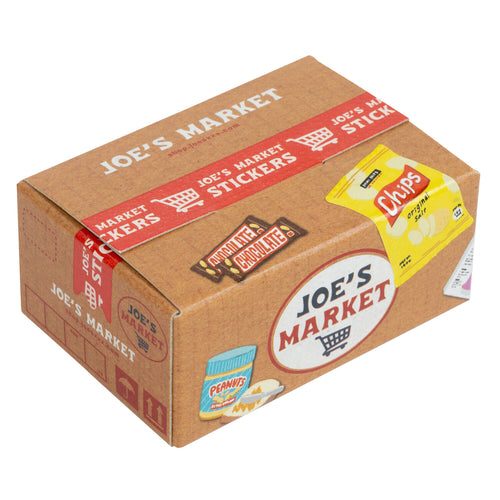 The Japanese Mini Sticker Box Joes Market by Blue Dog Posters is a small box styled like a grocery package, featuring "Joe's Market" branding and decorated with chips, chocolate, peanuts, and fun stickers.