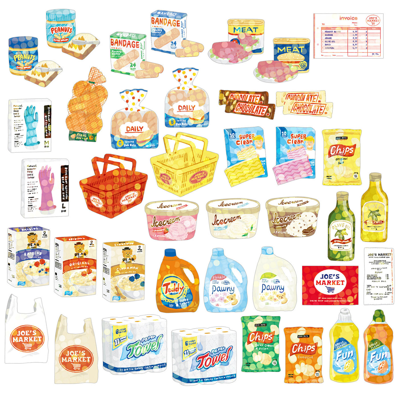 An illustrated assortment of Japanese Mini Sticker Box Joes Market by Blue Dog Posters, featuring colorful grocery items, cleaning supplies, gloves, baskets, and labels arranged in rows on a white background.