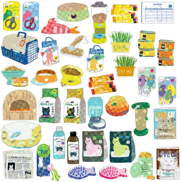 The Japanese Mini Sticker Box Cat Supplies by Blue Dog Posters features a vibrant grid of illustrated cat items—food, treats, toys, litter, carriers, invoices, and accessories—arranged on a white background.