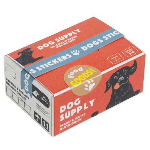 A red and beige Japanese Mini Sticker Box Dog Supply by Blue Dog Posters features black dog images, "DOG STICKERS" labels, a yellow "good FOODS!" sticker, and highlights organic, healthy quality.