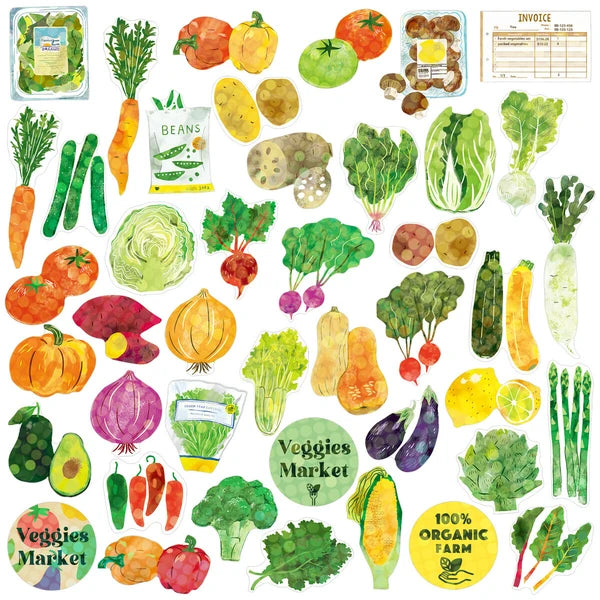 Blue Dog Posters’ Japanese Mini Sticker Box Veggies Market features watercolor-style stickers of fresh veggies—carrots, tomatoes, broccoli, onions, lettuce, beans, asparagus—plus market signs, price tags, and a produce invoice.