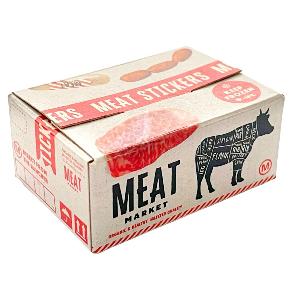 The Japanese Mini Sticker Box Meat by Blue Dog Posters is a rectangular box featuring an illustrated cow diagram with labeled meat cuts, images of meat cuts, and stickers on a light background.
