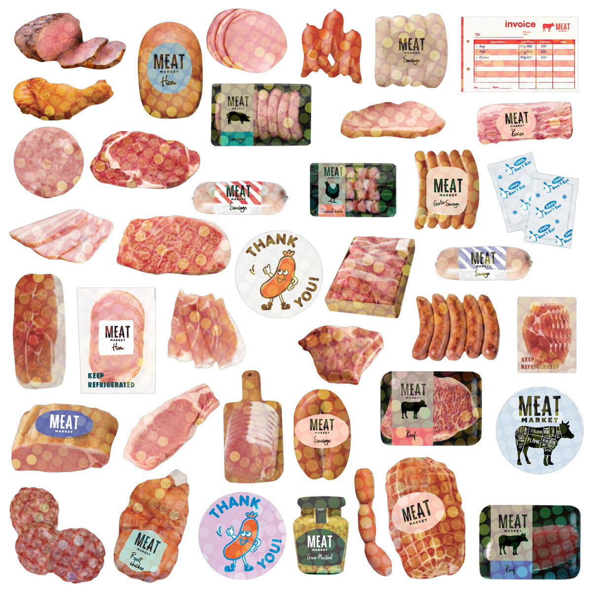 A whimsical, colorful collage of meat products, themed labels, thank you stickers, packaging, and an invoice from the Blue Dog Posters Japanese Mini Sticker Box Meat set on a white background.
