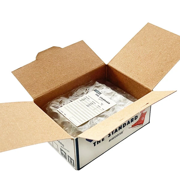 An open brown cardboard box labeled "THE STANDARD" from Blue Dog Posters reveals a clear plastic-wrapped Japanese Mini Sticker Box and a packing slip against a white background.