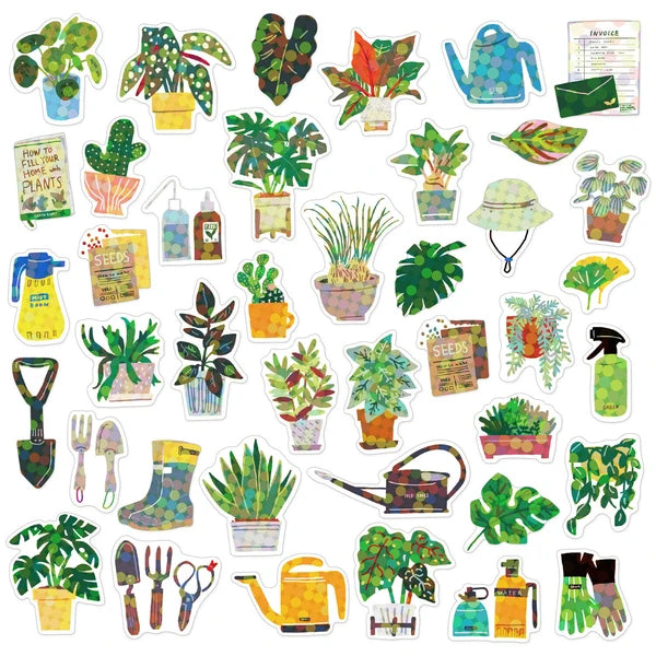 The Japanese Mini Sticker Box Green by Blue Dog Posters features vibrant mini stickers of potted plants, tools, seeds, gloves, boots, watering cans, spray bottles, hats, and signs on a white background.
