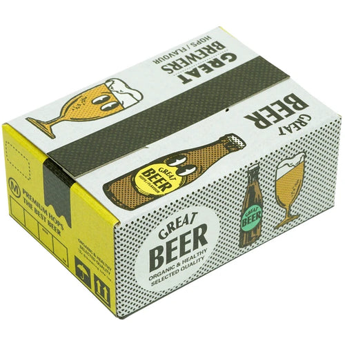 A rectangular box labeled "Japanese Mini Sticker Box Beer" by Blue Dog Posters, featuring beer bottle and glass illustrations, cute stickers, and the slogan "Organic & Healthy Selected Quality" in yellow, white, and brown colors.