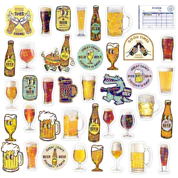 The Japanese Mini Sticker Box Beer by Blue Dog Posters features colorful beer glasses, bottles, mugs, a hot dog, speech bubbles with beer phrases, a crocodile, and an invoice—perfect mini stickers inspired by fun nights out in Japan.