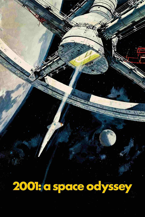 A retro-styled illustration shows a spacecraft approaching a space station orbiting a planet and its moon. Bold yellow text at the bottom reads "2001 A Space Odyssey." Product by Brand Name: A3.