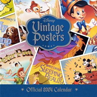 The Disney Vintage Posters 2024 Wall Calendar by Blue Dog Posters features a colorful cover showcasing classic Disney movie posters. Posters include beloved films like "Bambi," "Pinocchio," "Lady and the Tramp," "Peter Pan," "Sleeping Beauty," along with an illustration of Mickey and Minnie Mouse, making it the perfect addition to any 2024 organizer.