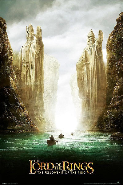The Lord of the Rings Argonath poster from MTV 359 features two towering stone statues with raised arms by a river. A small boat with three occupants approaches, highlighting the epic adventure of this hit movie.