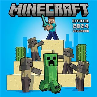 The cover of the Minecraft 2024 Square Wall Calendar from Blue Dog Posters showcases a pixelated character holding a sword atop a sand pyramid, surrounded by zombies and a creeper. The background is blue, with the iconic Minecraft logo displayed at the top.
