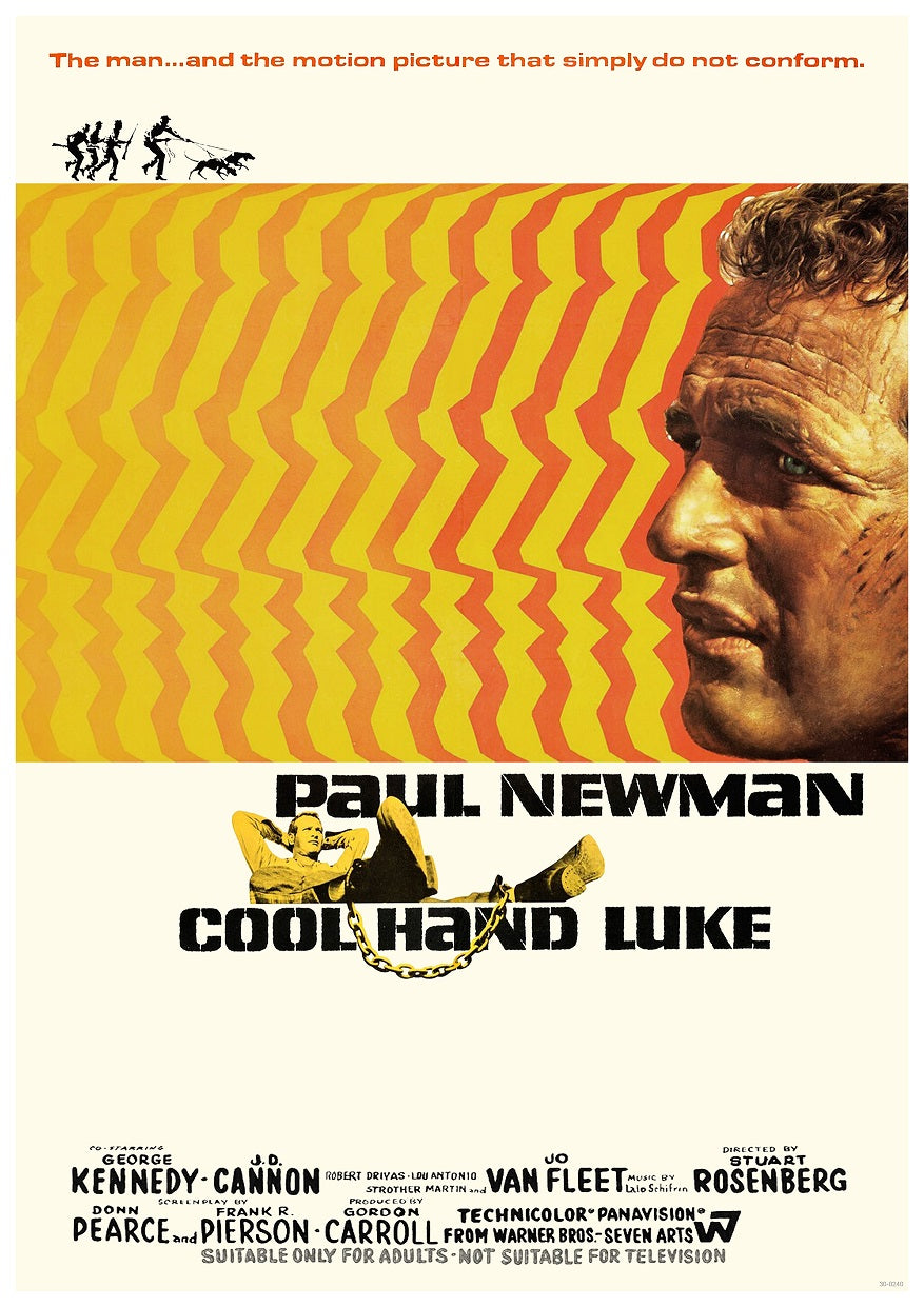 The A3 224 Cool Hand Luke movie poster features a man with handcuffs against a yellow background with orange zigzag patterns, printed on high-quality 250gsm Satin Paper. Bold text reads "Paul Newman in Cool Hand Luke" above smaller credits at the bottom. At the top, it states, "The man...and the motion picture that simply do not conform.