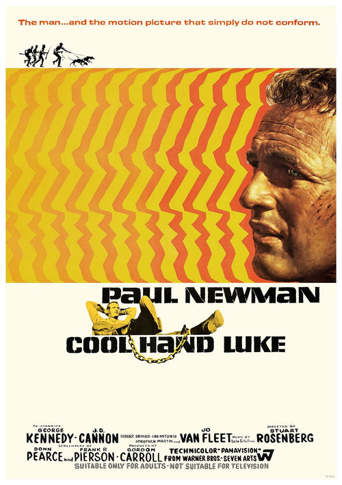 The A3 224 Cool Hand Luke movie poster features a man with handcuffs against a yellow background with orange zigzag patterns, printed on high-quality 250gsm Satin Paper. Bold text reads "Paul Newman in Cool Hand Luke" above smaller credits at the bottom. At the top, it states, "The man...and the motion picture that simply do not conform.