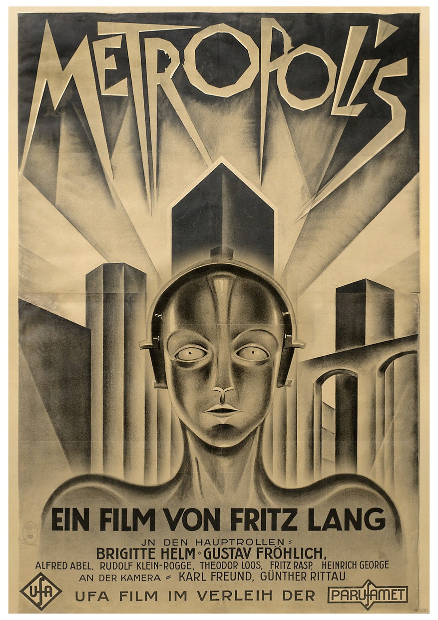 Sure, here is the sentence with the given product name and brand name:
A vintage A3 275 Metropolis Sepia for the cult movie "Metropolis" by Fritz Lang, featuring a stylized image of a metallic robot with a human-like face in the foreground. The cityscape of Metropolis with towering skyscrapers is visible in the background. Text is in German, printed on 250gsm satin paper.