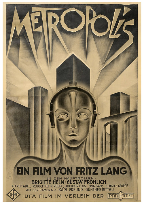Sure, here is the sentence with the given product name and brand name:
A vintage A3 275 Metropolis Sepia for the cult movie "Metropolis" by Fritz Lang, featuring a stylized image of a metallic robot with a human-like face in the foreground. The cityscape of Metropolis with towering skyscrapers is visible in the background. Text is in German, printed on 250gsm satin paper.
