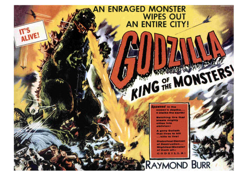 A movie poster for *Godzilla* from our A3 325 collection. It features an image of Godzilla, an enormous green monster with fiery breath, wreaking havoc on a city. The text includes promotional phrases like "An enraged monster wipes out an entire city!" and "It's Alive!". A true cult movie poster!