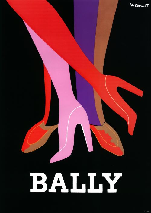 An artistic illustration resembling a vintage advertising poster features four legs wearing colorful high heels in shades of red, pink, purple, and tan. The legs are shown in various angles against a black background. The word "BALLY" is prominently displayed in bold white letters at the top on high quality 250gsm satin paper featuring Bally - Pink, Red, Violet by A3 100.