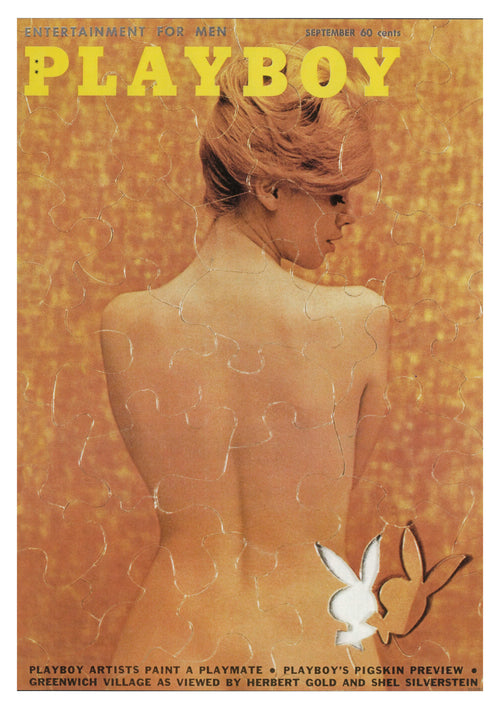 The A3 181 Playboy Nude Back Puzzle features a vintage magazine cover with a blonde woman posing nude from the back, yellow text, sepia background, and the classic white Playboy bunny logo at the bottom right.