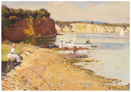 A serene beach scene with rocky cliffs in the background. Two women in white dresses are near a boat at the water's edge, while another woman sits on the shore in the left foreground. The calm sea reflects the light, and two sailboats are visible in the distance—perfect for a Mentone Beach by Tom Roberts or A3 Posters from Y using Digital Laser printing.
