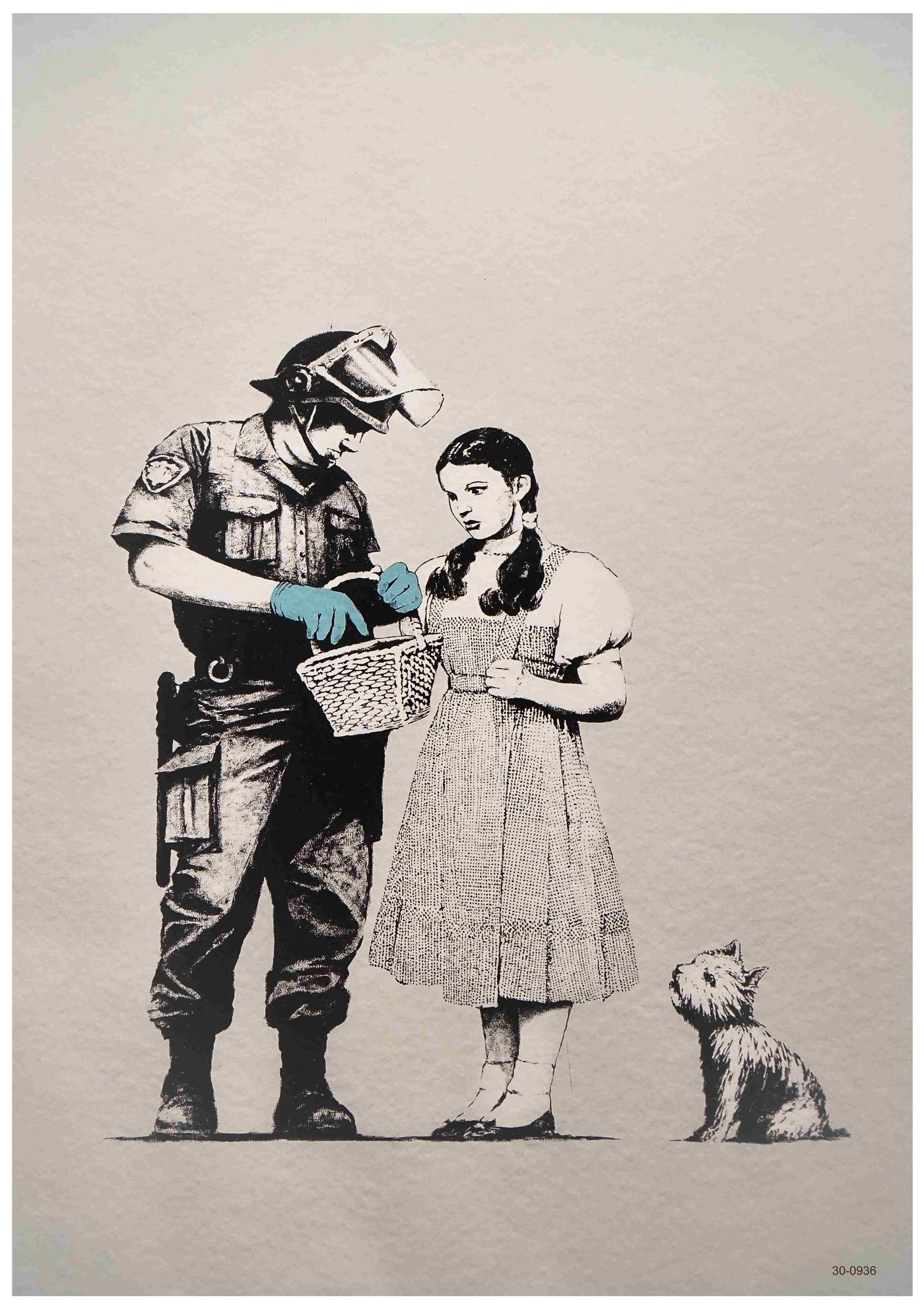 The Banksy Stop and Search poster by Brand Y, printed on high-quality 250gsm Satin Paper in A3 size, features a black-and-white illustration of a girl in a dress with pigtails holding a basket. She stands next to a soldier or policeman wearing a helmet, gas mask, and gloves, who appears to be inspecting the contents of the basket while a small dog sits nearby looking up.
