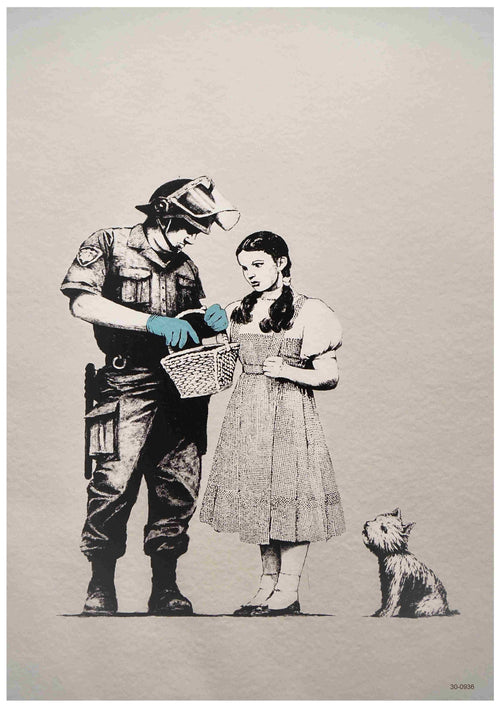 The Banksy Stop and Search poster by Brand Y, printed on high-quality 250gsm Satin Paper in A3 size, features a black-and-white illustration of a girl in a dress with pigtails holding a basket. She stands next to a soldier or policeman wearing a helmet, gas mask, and gloves, who appears to be inspecting the contents of the basket while a small dog sits nearby looking up.