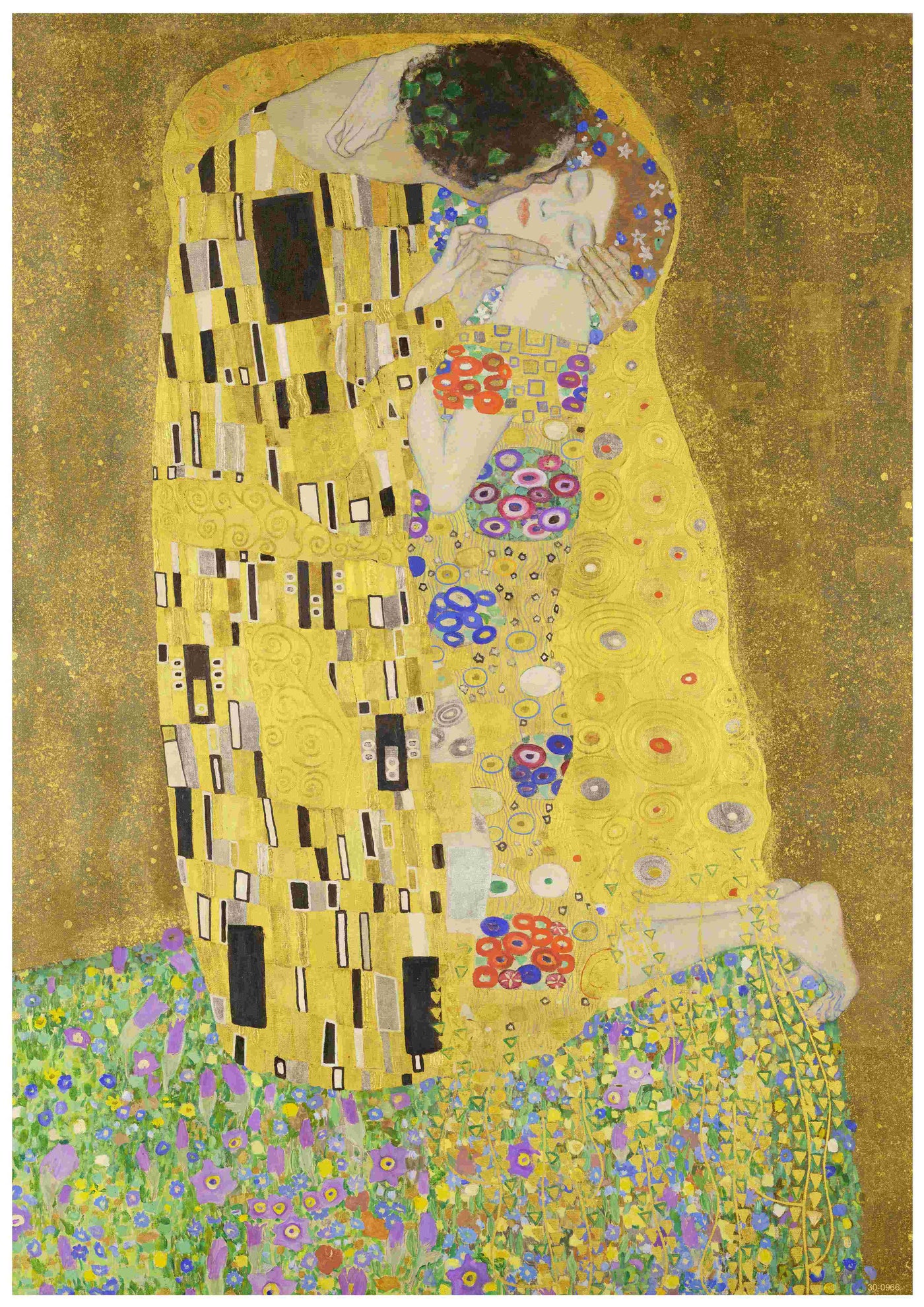 The Kiss" by Gustav Klimt depicts a couple embracing, wrapped in an ornate, gold-patterned cloak. The man leans down to kiss the woman's cheek as she closes her eyes. They stand on a colorful, floral meadow. This intricate art with geometric shapes and flowing lines is available as a Classic Art Poster from Y on high-quality 250gsm Satin Paper.