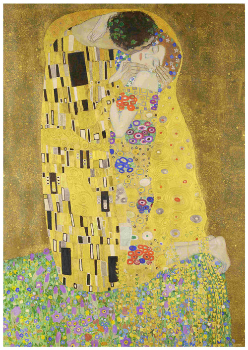 The Kiss" by Gustav Klimt depicts a couple embracing, wrapped in an ornate, gold-patterned cloak. The man leans down to kiss the woman's cheek as she closes her eyes. They stand on a colorful, floral meadow. This intricate art with geometric shapes and flowing lines is available as a Classic Art Poster from Y on high-quality 250gsm Satin Paper.
