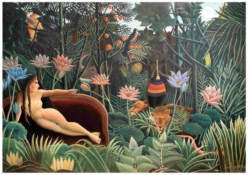A captivating artwork titled "The Dream" by Henri Rousseau is available as an A3 Poster on high-quality Satin Paper from Brand Y. This painting features a nude woman reclining on a sofa amidst a lush jungle, surrounded by exotic plants, animals, and a musician playing a wind instrument. The presence of two lions and various flowers enhances the vibrant and whimsical atmosphere of the scene.