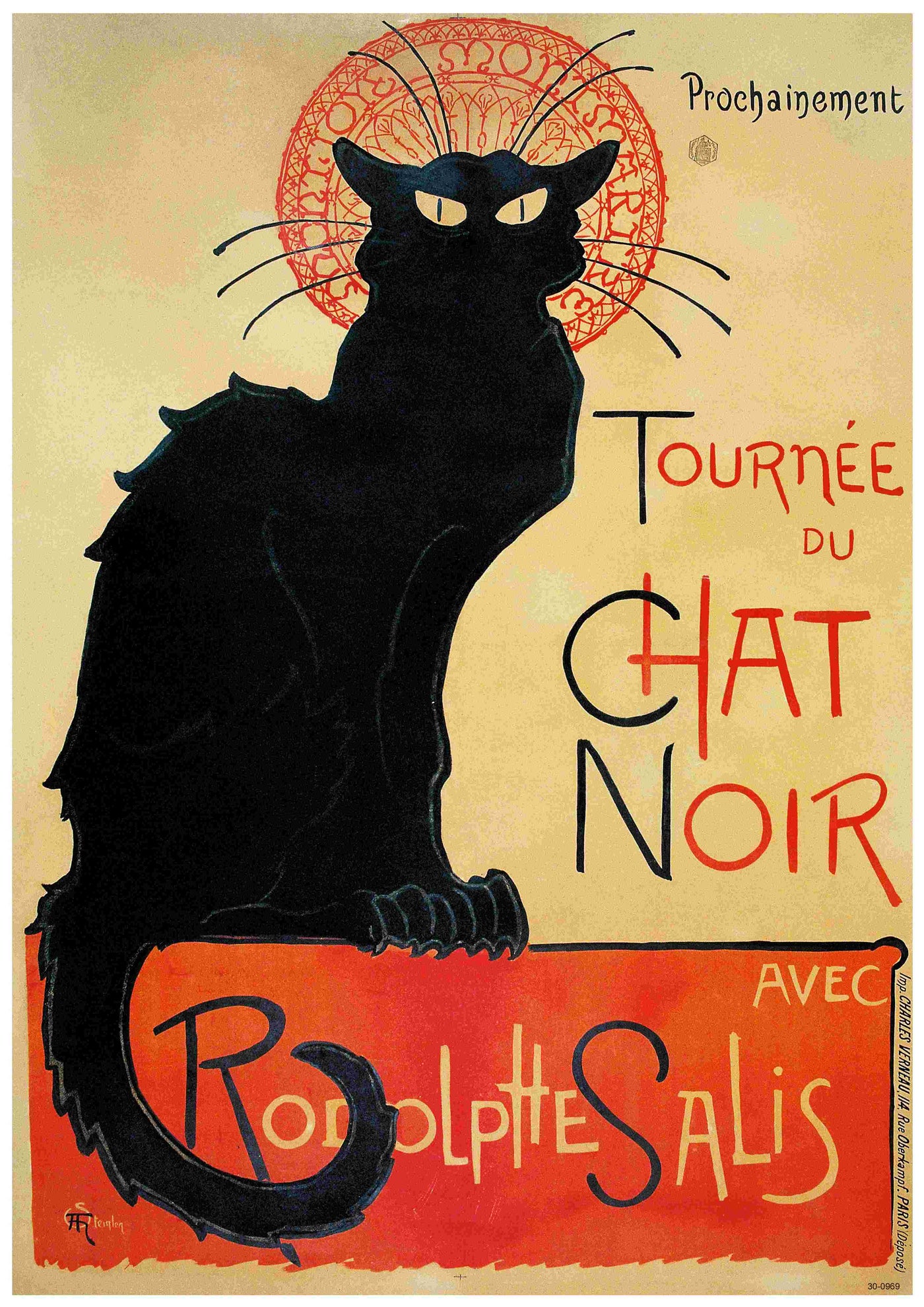 Introducing the Le Chat Noir classic art poster by A3, featuring a black cat with an arched back prominently centered against a yellowish background. The text reads "Tournée du Chat Noir avec Rodolphe Salis" and "Prochainement" at the top, promoting the touring cabaret show "Le Chat Noir." Available as an A3 poster printed on satin paper.