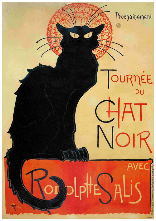 Introducing the Le Chat Noir classic art poster by A3, featuring a black cat with an arched back prominently centered against a yellowish background. The text reads "Tournée du Chat Noir avec Rodolphe Salis" and "Prochainement" at the top, promoting the touring cabaret show "Le Chat Noir." Available as an A3 poster printed on satin paper.