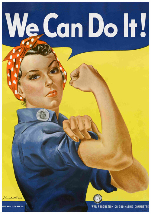 Poster titled "We Can Do It Rosie the Riveter" by A3, showcasing a woman in a blue work shirt and red polka dot bandana, flexing her right arm. The iconic "We Can Do It!" text is prominently displayed above her on a yellow background with a speech bubble. This Classic Art Poster perfectly captures the renowned World War II-era motivational image.