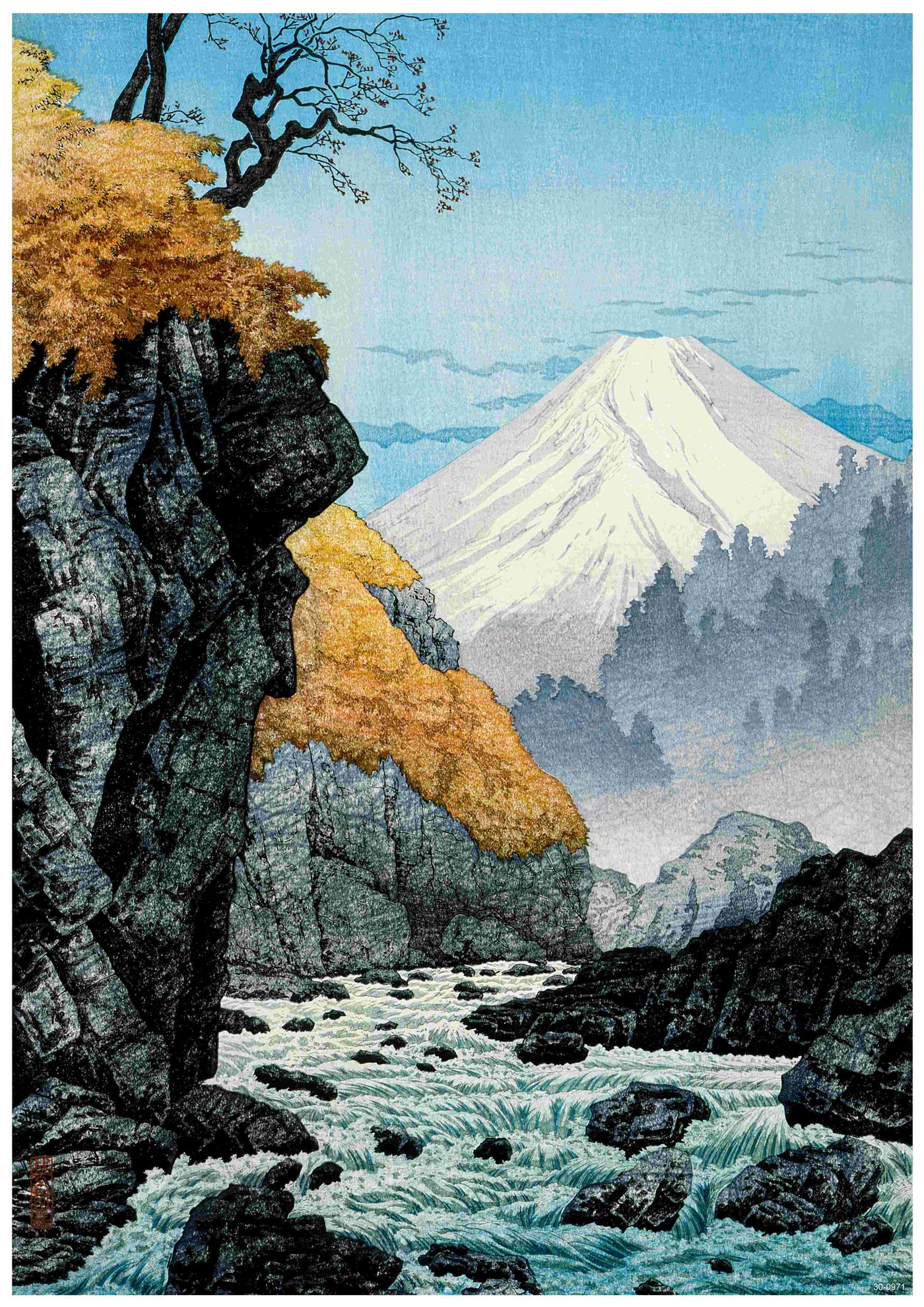 The Hiroaki Takahashi - Foot of Mount Ashitaka by A3 depicts a serene landscape with a rushing river flowing through rocky terrain, autumn-colored foliage, and a lone tree perched on a cliff. In the background, the majestic snow-capped Mount Ashitaka stands tall under a clear blue sky, with mist enveloping distant trees—all meticulously captured on high-quality 250gsm Satin Paper.