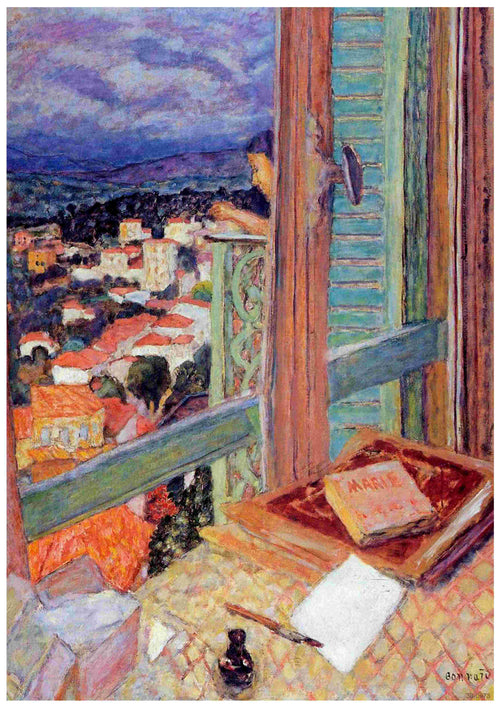 A painting titled "La Fenetre Peirre Bonnard" from Blue Dog Posters depicts an open window with a scenic view of a colorful town and landscape. A book titled "Marseilles" and other items lie on a table by the window. A person is leaning on the window railing, gazing outside, surrounded by an array of vibrant colors. Perfect as an A3 Classic Art Poster printed on high-quality 250gsm Satin Paper.