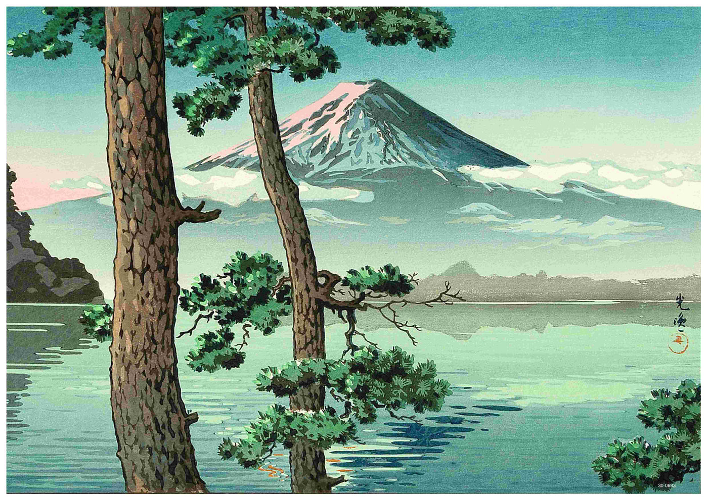 A serene landscape titled "Tsuchiya Koitsu - Fuji from Lake Kawaguchi" by the A3 brand is depicted on high-quality 250gsm Satin Paper. It showcases Mount Fuji's snow-capped peak under a clear blue sky, with the mountain reflected in a tranquil lake surrounded by lush green foliage and pine trees in the foreground. Gentle clouds encircle the mountain's midsection.